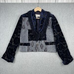 Concinno Patchwork Blazer Womens Medium Navy Blue Burnout Velvet Fringe Cropped